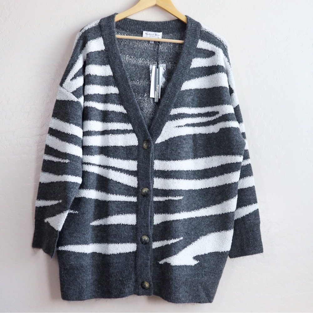 Michael Stars Tiger Striped Nell Cardigan Sweater Womens 1X Gray Charcoal NWT